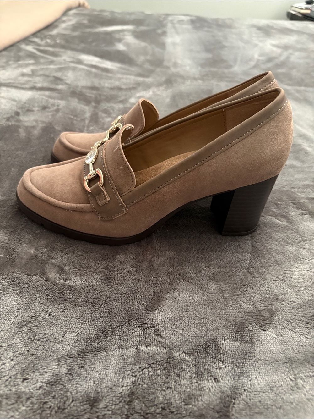 Gianni Bini Taupe Suede Loafers with Gold Horsebit - Picture 2 of 7